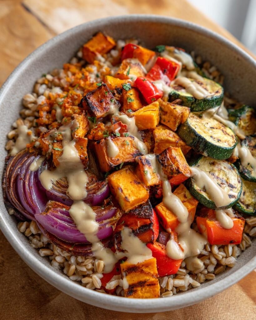Grain Bowl with Farro, Roasted Veggies & Lemon Tahini