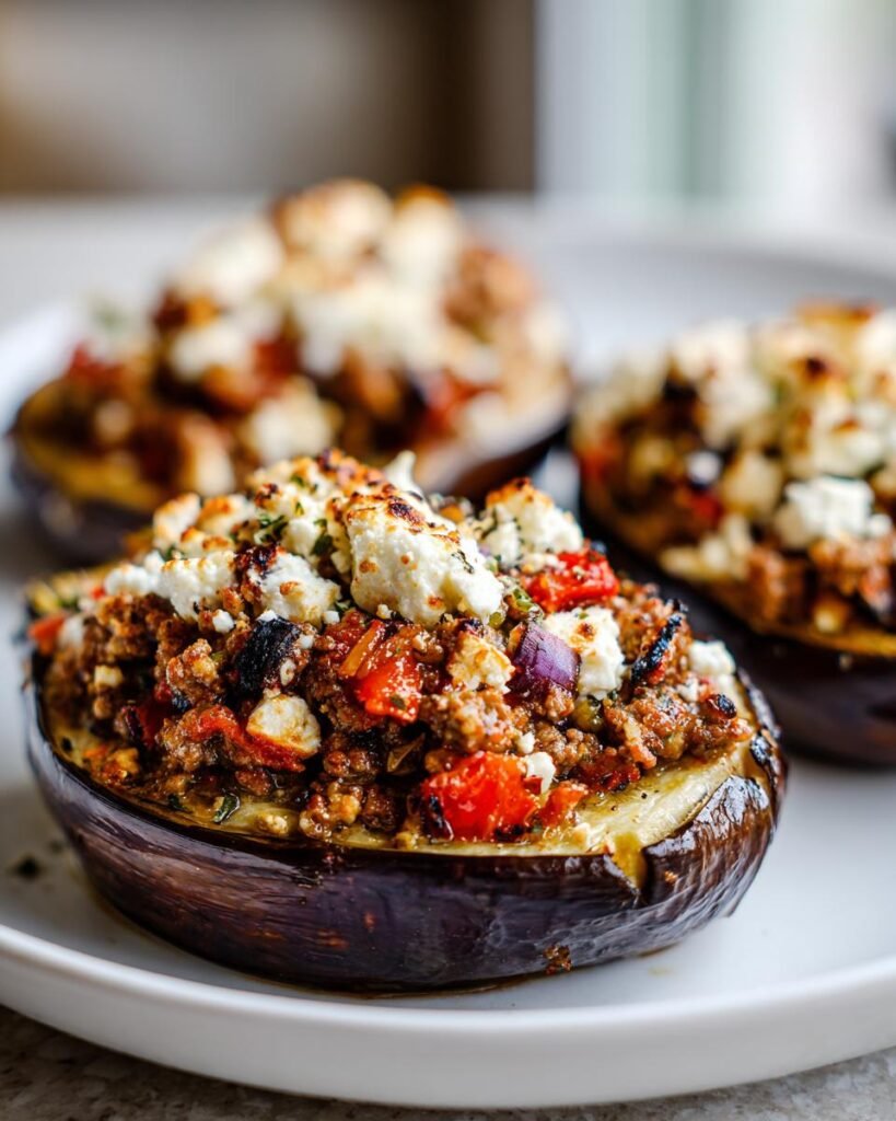 Greek Stuffed Eggplants with Lamb, Tomato & Feta