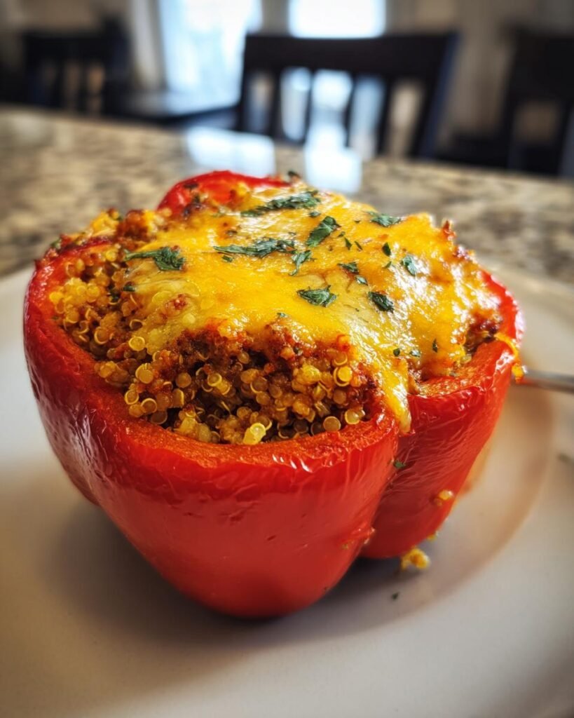 Stuffed Bell Peppers with Ground Beef, Quinoa & Cheese
