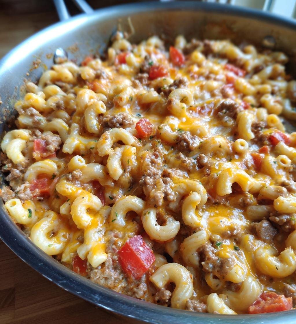 Cheesy hamburger pasta skillet
