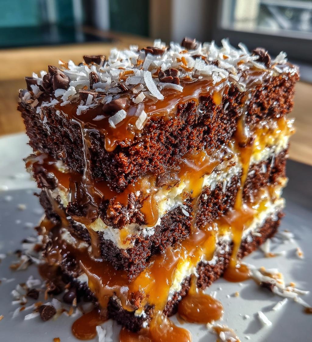Girl Scout cookie cake (caramel + coconut + chocolate)
