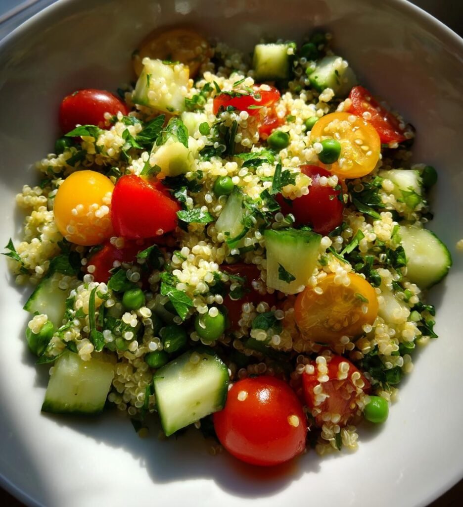 Pea salad with crunchy grains (healthy trend)