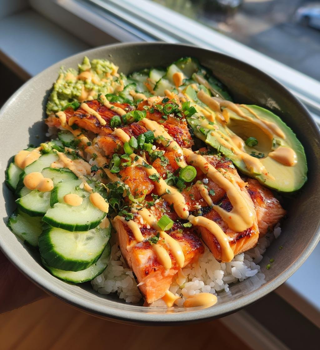 Salmon rice bowl with spicy mayo