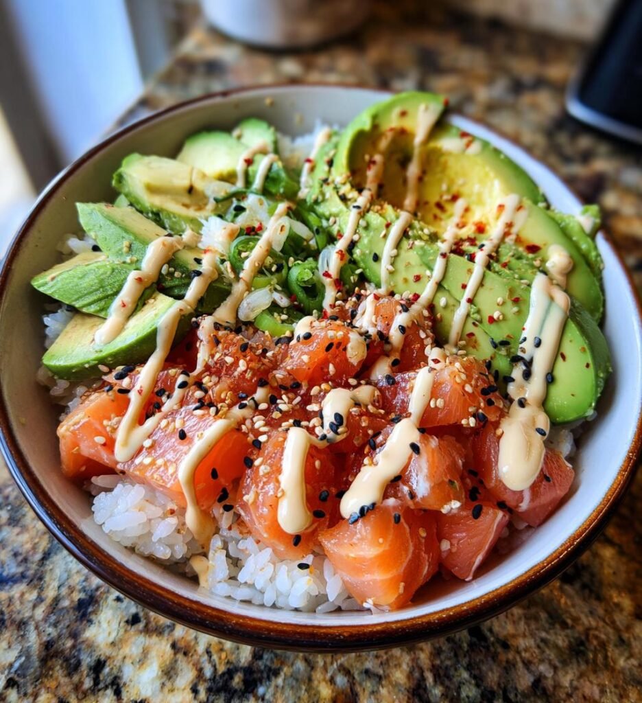 Salmon rice bowl with spicy mayo