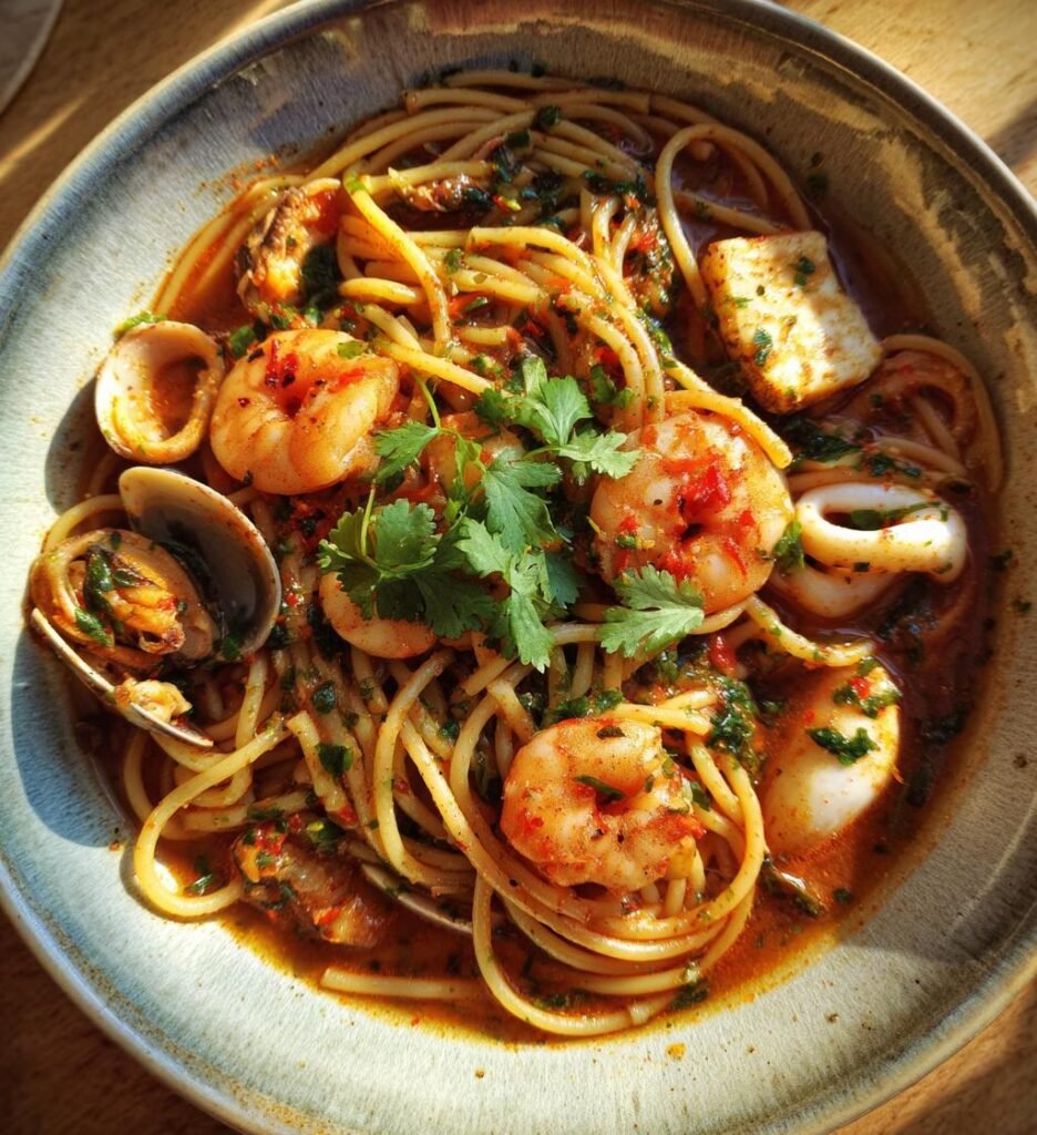 Tom yum seafood pasta (Asian fusion)